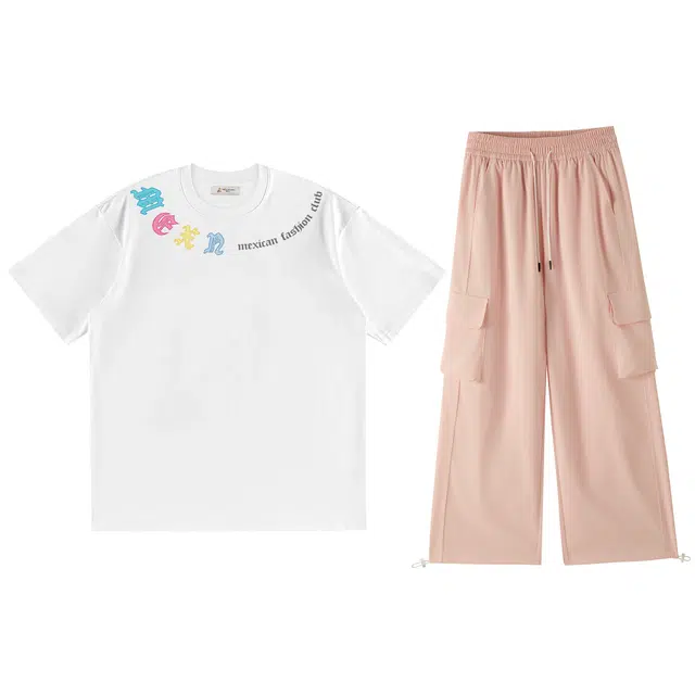 稻草人 美式潮流领边环绕字母品牌印花宽松纯棉上衣时尚百搭多巴胺透气高级感简约痞帅直筒长裤休闲运动套装 男女同款