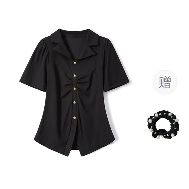 雾闪闪 大码女装时尚显瘦胖妹妹设计感褶皱短袖韩版日常百搭遮肉遮肚衬衫 女款