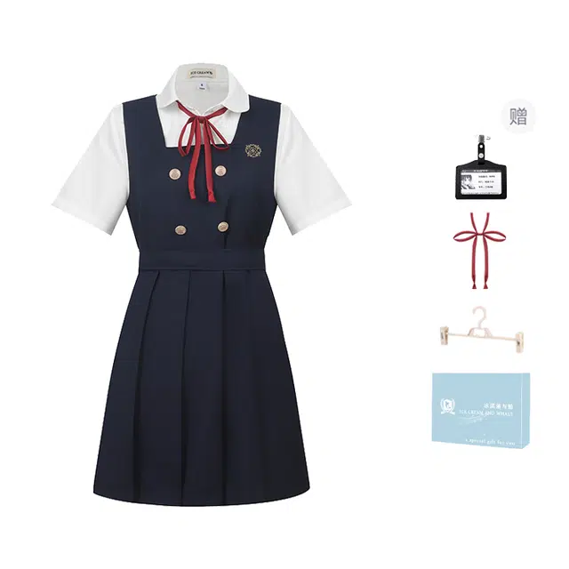 冰淇淋与鲸 学院风穿搭甜美学生毕业季衬衣圆领樱花刺绣短袖衬衫校供感护奶裙日系可爱背心裙休闲简约连衣裙叠穿制服 女款