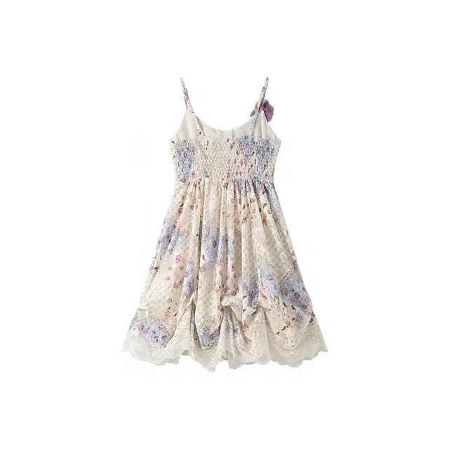 敲模女孩 法式纯欲风复古碎花蕾丝拼接收腰气质度假风吊带连衣裙 女款