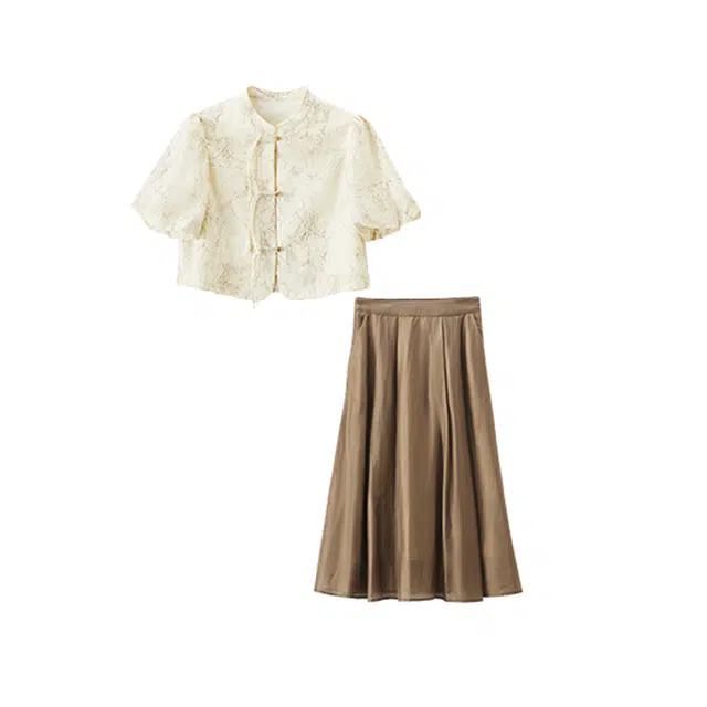 潞优野 植物花卉新中式合身适中圆领短袖裙装套装 女款