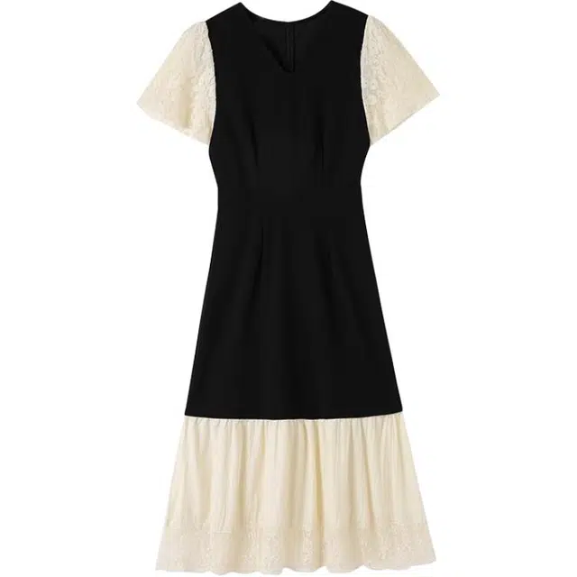 古莲菲 高级感洋气法式赫本风设计感蕾丝拼接简约撞色显瘦短袖连衣裙 女款