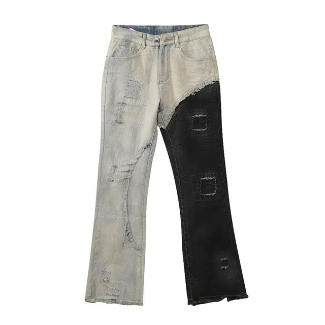 极限涡轮 美式高街拼接假破洞微喇叭宽松休闲百搭牛仔裤 男女同款