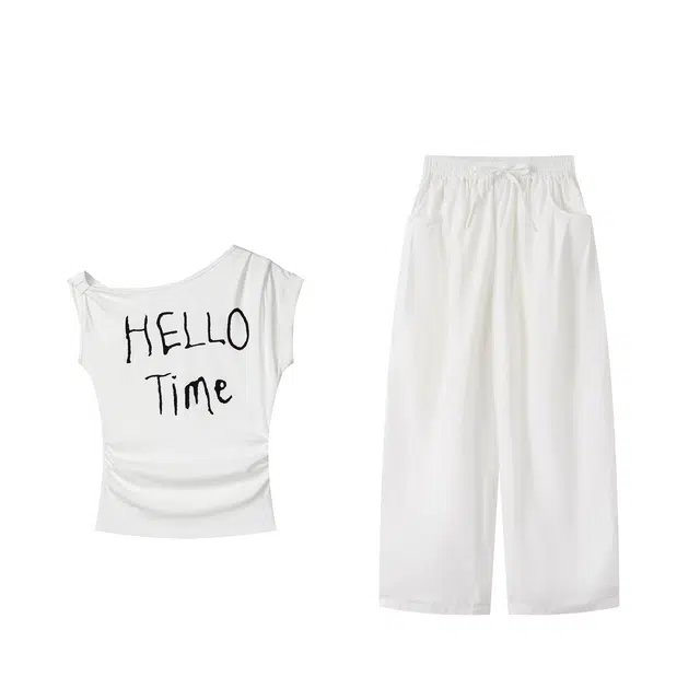 敲模女孩 辣妹风韩系复古高级感字母气质斜肩短袖夏季宽阔腿松长裤休闲套装 女款