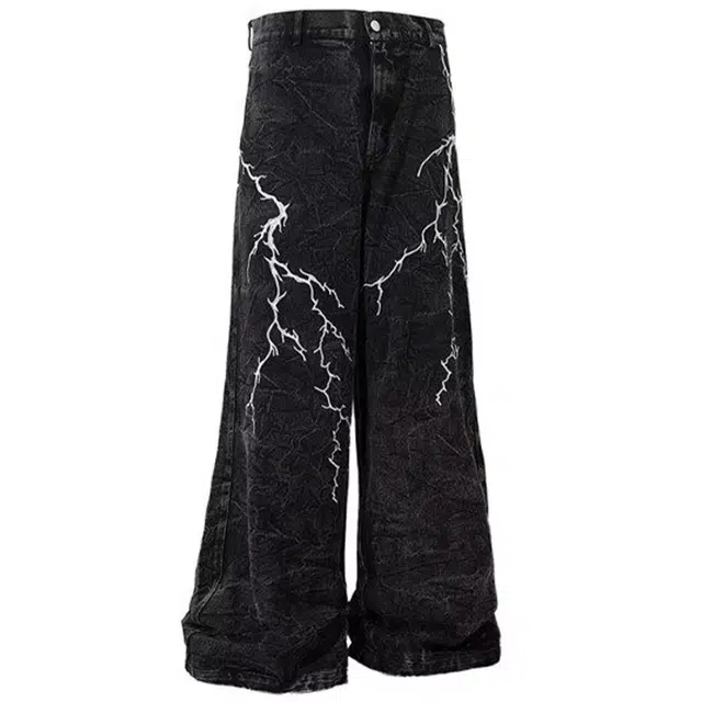 拾个壹先生 美式小众设计感闪电刺绣宽松休闲街头直筒拖地牛仔裤 男女同款