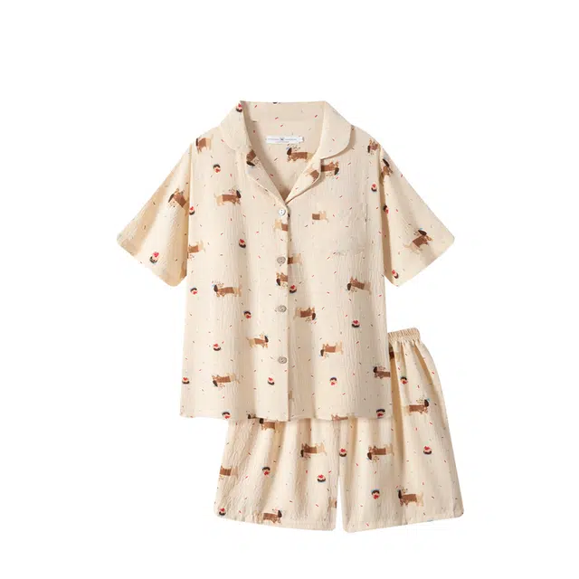 俏韵 卡通可爱短袖三分裤带胸垫翻领家居服可外穿睡衣套装 女款