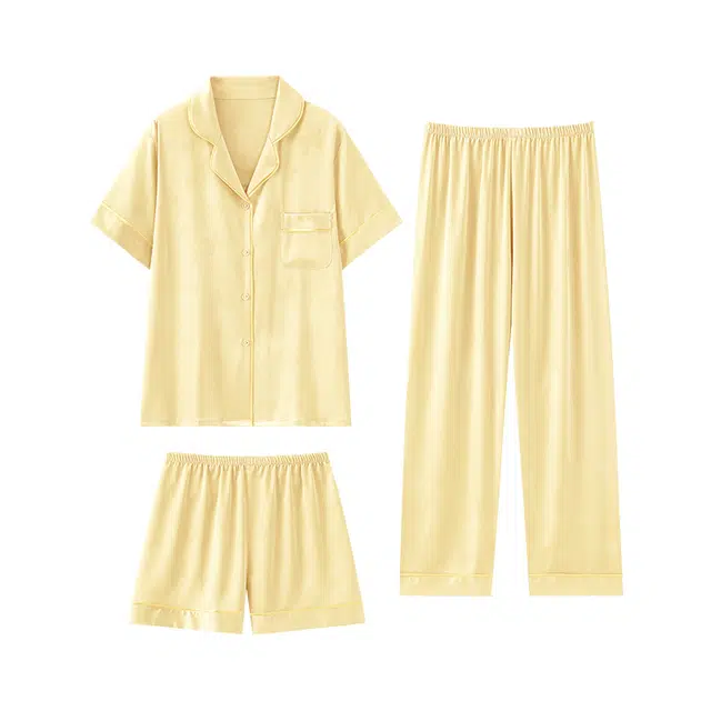莫代尔 休闲简约个性百搭翻领开衫轻盈透气舒适柔软亲肤细腻短袖短裤长裤不易起球家居服可外穿睡衣套装 女款