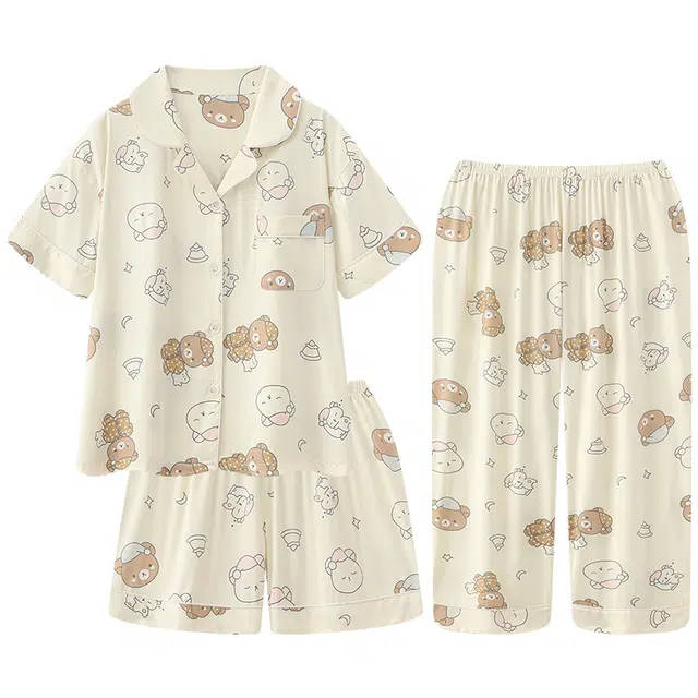 莫代尔 慵懒舒适柔软细腻翻领开衫宽松显瘦个性时尚气质百搭短袖短裤长裤不易起球家居服可外穿睡衣套装 女款