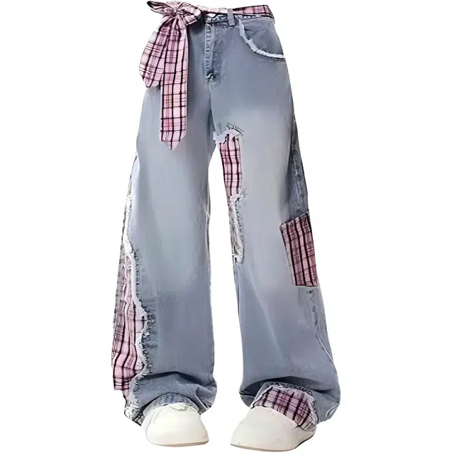 零氏 美式复古街头风格子拼接设计感宽松阔腿牛仔裤 男女同款