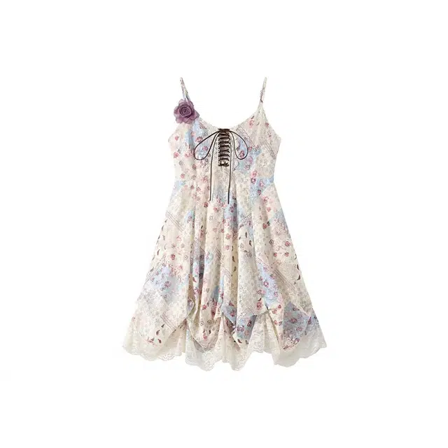 敲模女孩 法式纯欲风复古碎花蕾丝拼接收腰气质度假风吊带连衣裙 女款