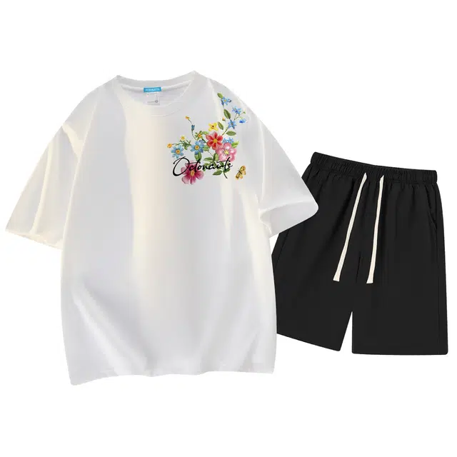 海底小纵队 美式高街仿刺绣花丛手签品牌印花宽松透气重磅酷炫个性圆领落肩上衣垂感百搭抽绳百搭健身跑步短袖短裤休闲运动套装 男女同款