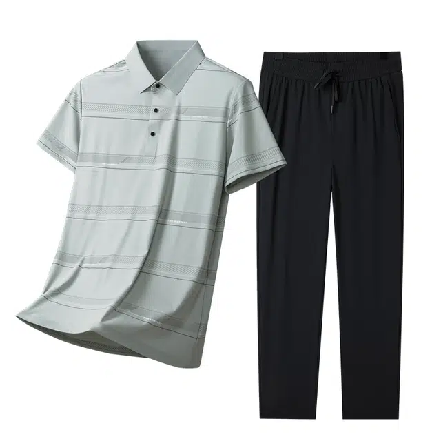 老爷车 冰丝高弹装防紫外线短袖长裤休闲运动套装 男款