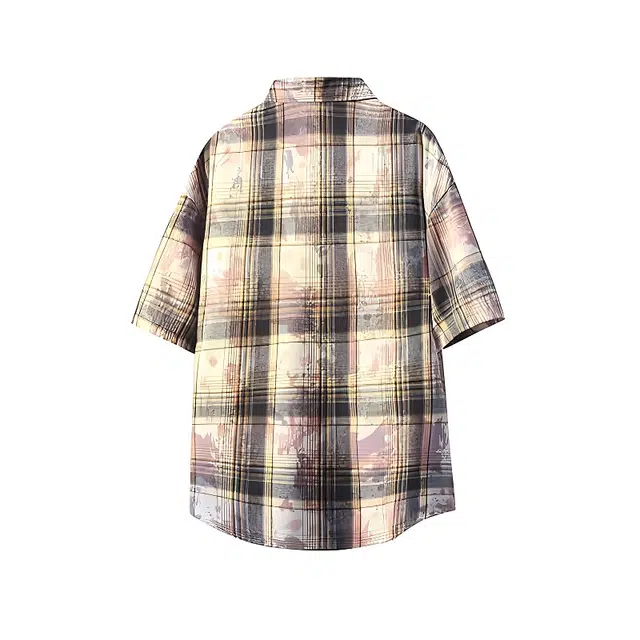 华夏儿女 美式高街格子斑驳感格宽松舒适休闲设计感高级感短袖衬衫 男女同款