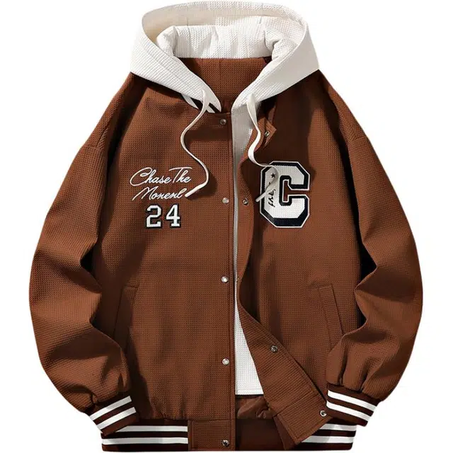 寻星记 字母假两件连帽休闲棒球服宽松单排扣夹克外套 男女同款