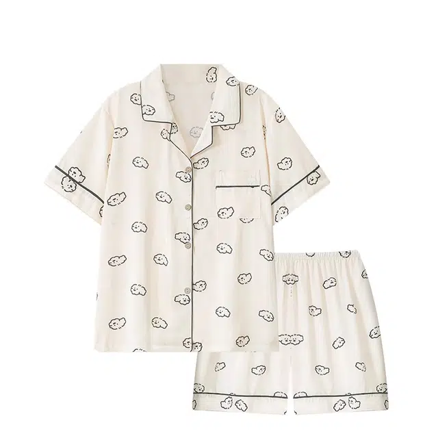 俏韵 翻领卷毛小狗云朵棉短袖薄款卡通家居服可外穿睡衣套装 男女同款