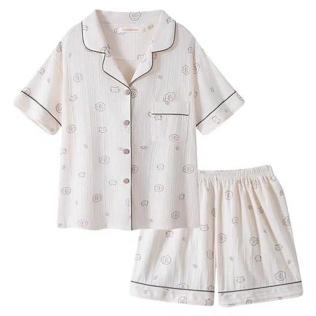 俏韵 翻领卡通可爱休闲短袖三分裤薄款家居服可外穿夏季睡衣套装 女款