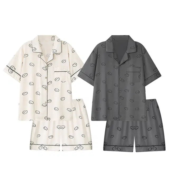 俏韵 翻领卷毛小狗云朵棉短袖薄款卡通家居服可外穿睡衣套装 男女同款