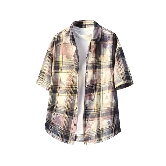 华夏儿女 美式高街格子斑驳感格宽松舒适休闲设计感高级感短袖衬衫 男女同款