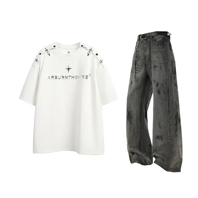 梓润格 美式复古盐系简约校园风短袖宽松时尚废土牛仔裤潮流设计感百搭长裤休闲运动套装 男女同款