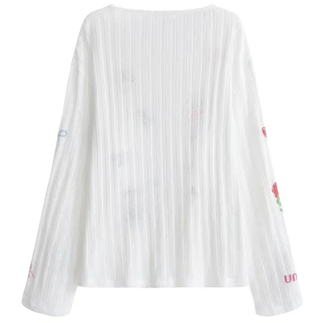 UNIFREE Cute Print Loose Thin Hollow Long Sleeve Tee