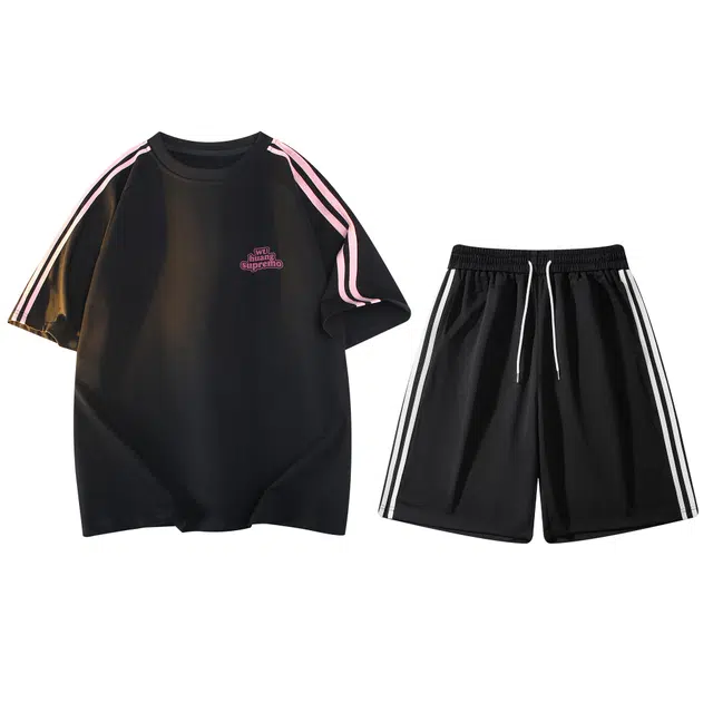 吾皇猫 美式复古高街简约基础款学院风经典条纹圆领套头短袖直筒宽松五分短裤两件套潮流潮牌舒适透气时尚休闲运动套装 男女同款