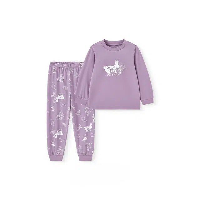 儿童款 英氏 圆领卡通印花长袖松紧腰保暖套装