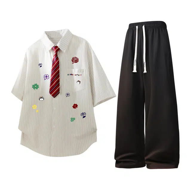 吾皇猫 日系学院风卡通动漫条纹短袖撞色时尚百搭直筒阔腿裤衬衫套装 男女同款