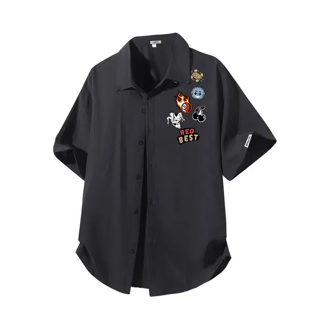 红蜻蜓 美式高街卡通图案高级感设计感高级宽松休闲百搭日常通勤潮流时尚简约短袖衬衫 男女同款