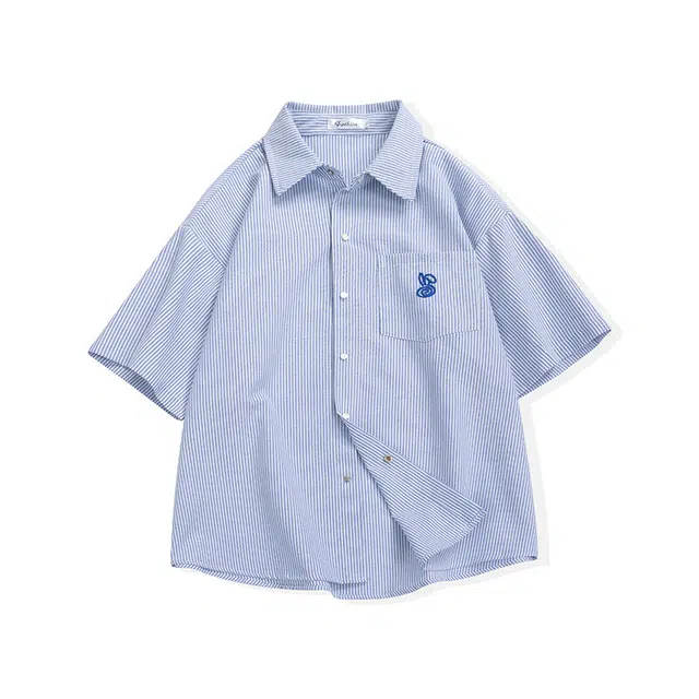 欧路得 日系少年感刺绣条纹薄款宽松慵懒风休闲衬衣外套短袖衬衫 男款