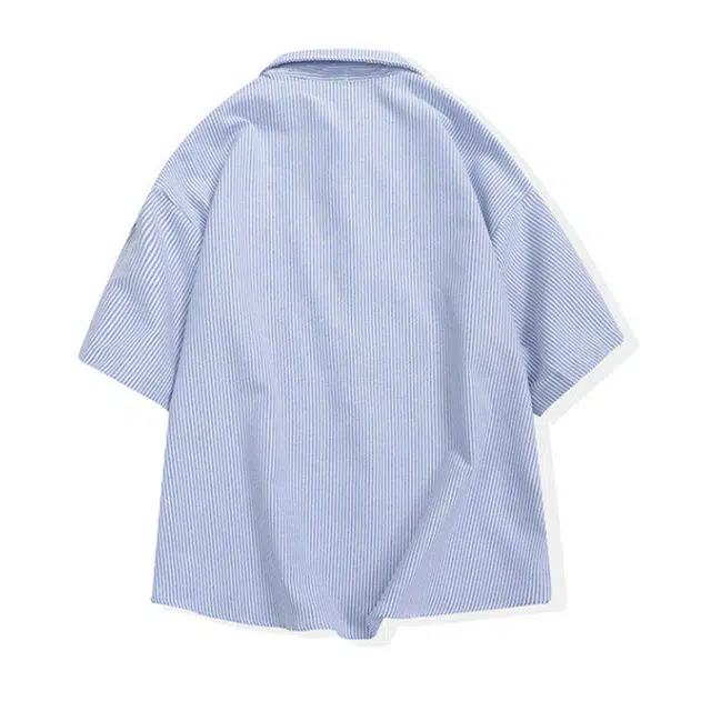 欧路得 日系少年感刺绣条纹薄款宽松慵懒风休闲衬衣外套短袖衬衫 男款