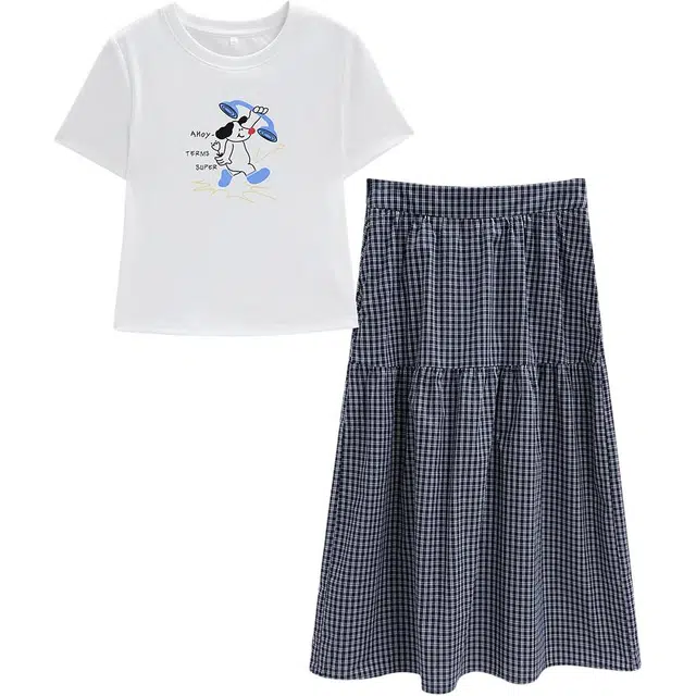 爱依服 设计感时尚简约圆领通勤短袖上衣格纹半身裙裙装套装 女款