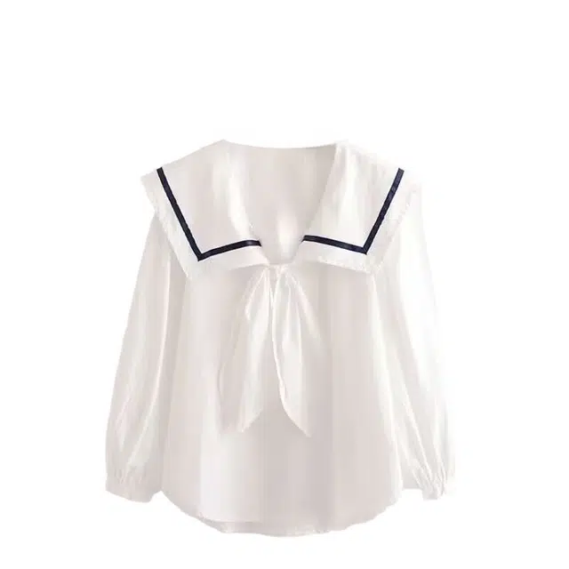 桴生 日系软妹清新蝴蝶领结海军翻领宽松衬衣娃娃长袖衬衫 女款