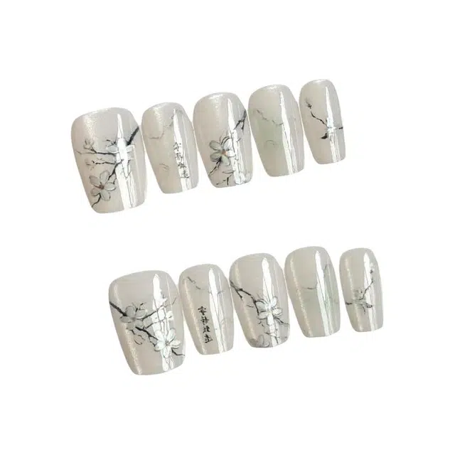 计轩 晶石猫眼穿戴甲 手工国风国潮甲片 浅色山逸设计底色美甲  中长款白色渐变 国风