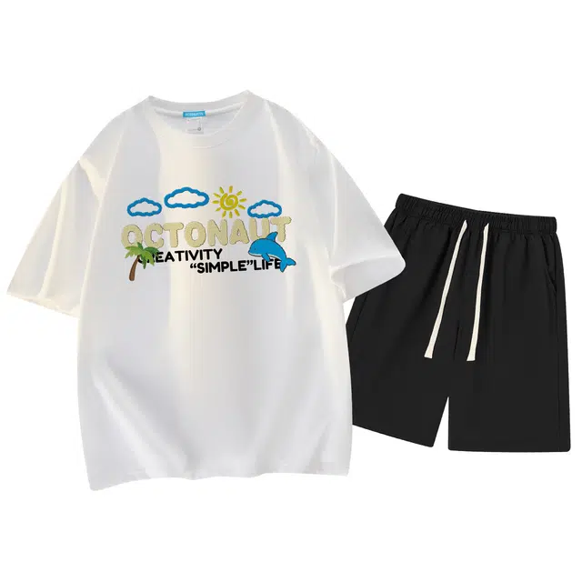 海底小纵队 美式高街潮流手绘趣味热带蓝天白云印花宽松透气个性街头纯棉圆领短袖上衣垂感百搭抽绳百搭健身跑步五分裤休闲运动套装 男女同款