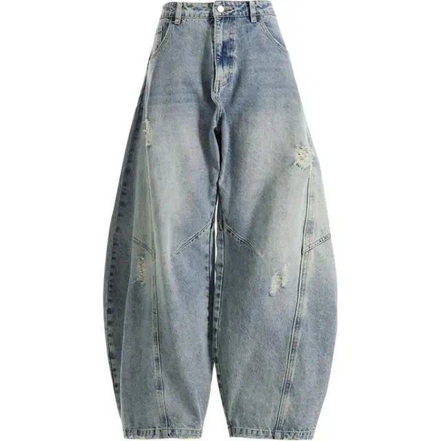 拾籍 美式高街复古解构设计感弯刀阔腿裤宽松水洗做旧百搭舒适牛仔裤 女款