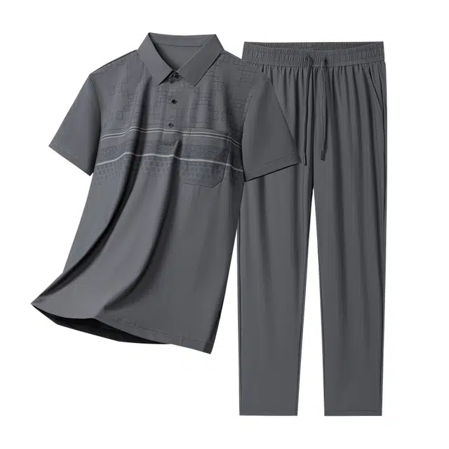 老爷车 爸爸装中老年高弹冰丝防晒短袖裤子夏季休闲运动套装 男款