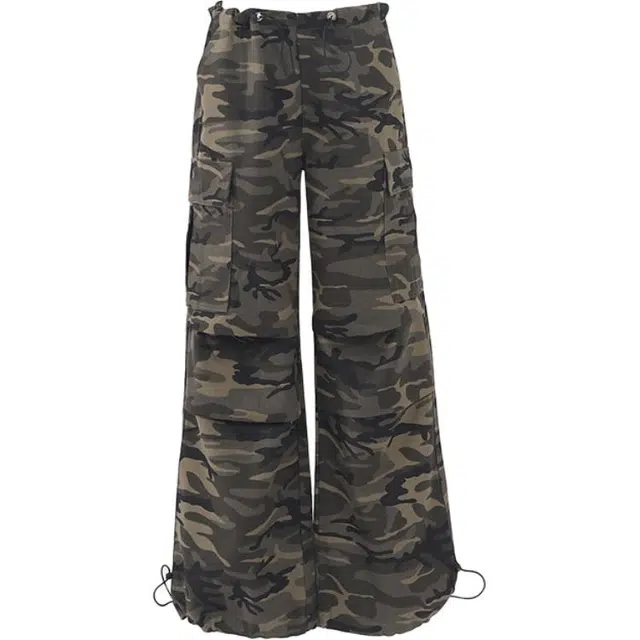 拾籍 美式复古可调节腰部宽松迷彩阔腿裤高街百搭工装裤 女款