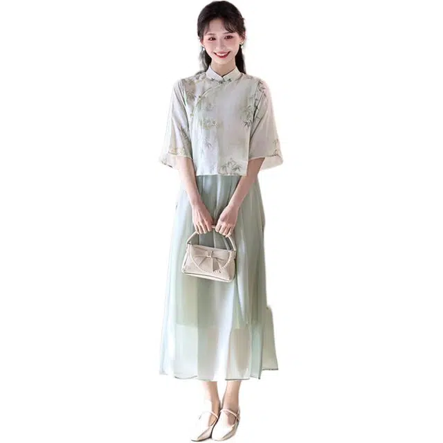 丝絮丝绸 新中式复古文艺风少女旗袍两件套裙装套装 女款