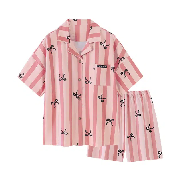 夏芬妍 柔软舒适条纹蝴蝶结翻领开衫家居服亲肤短袖短裤休闲带胸垫可外穿睡衣套装 女款