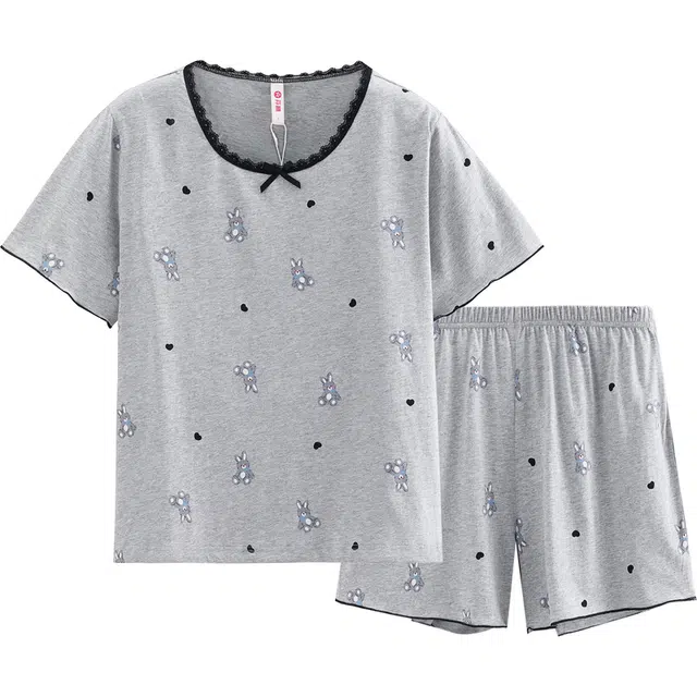 芬腾 纯棉短袖三分裤薄款透气休闲可外穿加大码家居服睡衣套装 女款