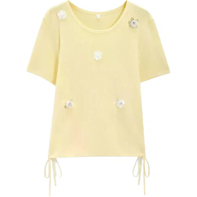 爱依服 气质立体花朵设计毛织短袖通勤套头针织衫 女款