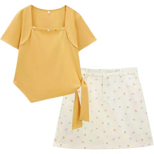 爱依服 韩版温柔风短袖上衣显瘦短裙裙装套装 女款