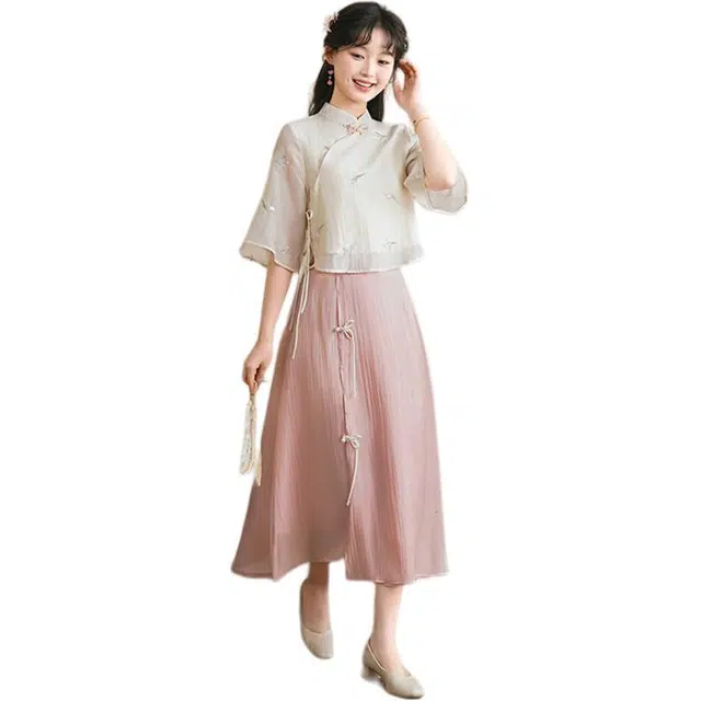 丝絮丝绸 新中式复古刺绣文艺民国风少女旗袍短袖裙装套装 女款