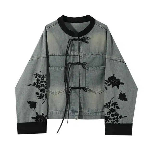 桴生 国风盘扣春秋复古刺绣上衣新中式撞色立领夹克牛仔外套 女款