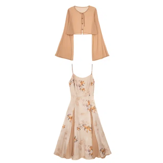 丝絮丝绸 新中式国风复古印花吊带连衣裙开衫两件套裙装套装 女款