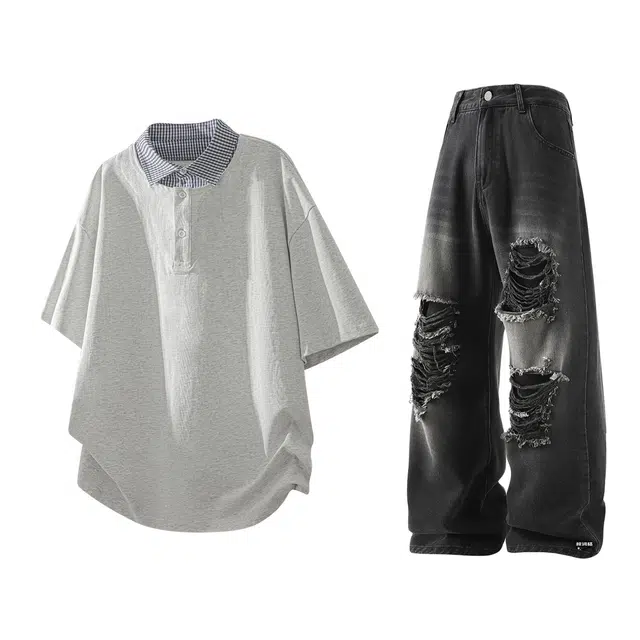 梓润格 潮流时尚气质氛围感美式复古透气日常通勤假两件上衣慵懒感不闷汗高街无性别主义破洞牛仔裤休闲运动套装 男女同款