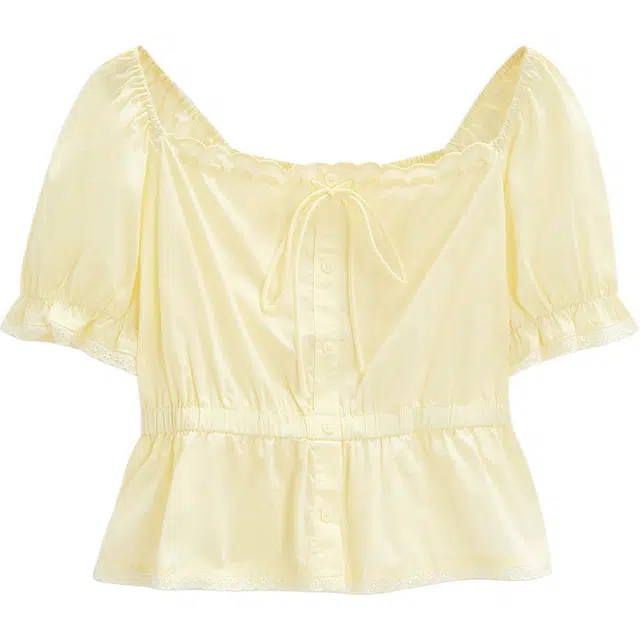 爱依服 法式纯欲温柔纯色泡泡袖短袖方领甜美衬衫 女款