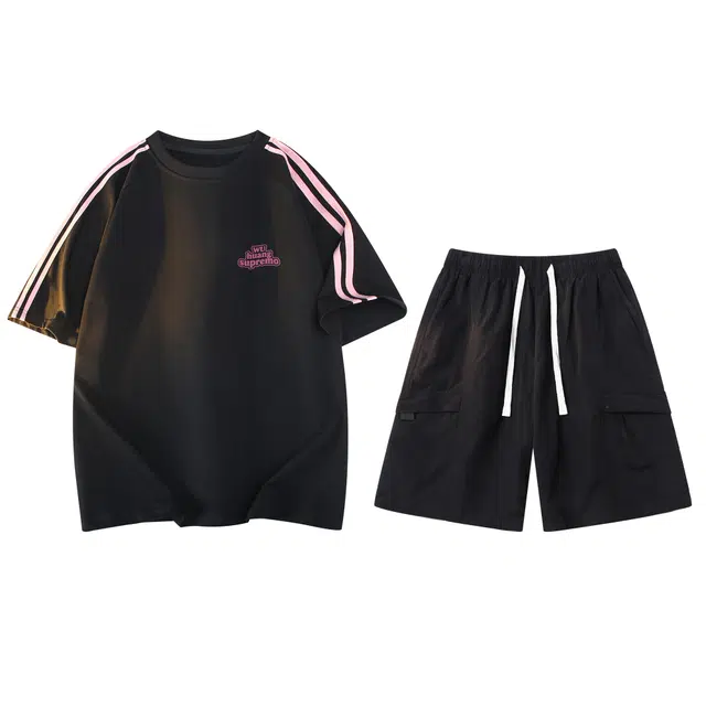 吾皇猫 高街简约基础款学院风圆领套头短袖直筒宽松五分短裤两件套潮流潮牌舒适透气时尚休闲运动套装 男女同款