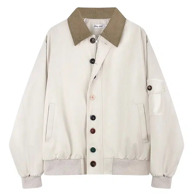 桴生 日系拼接翻领女纽扣潮牌宽松休闲上衣春秋工装夹克外套 女款