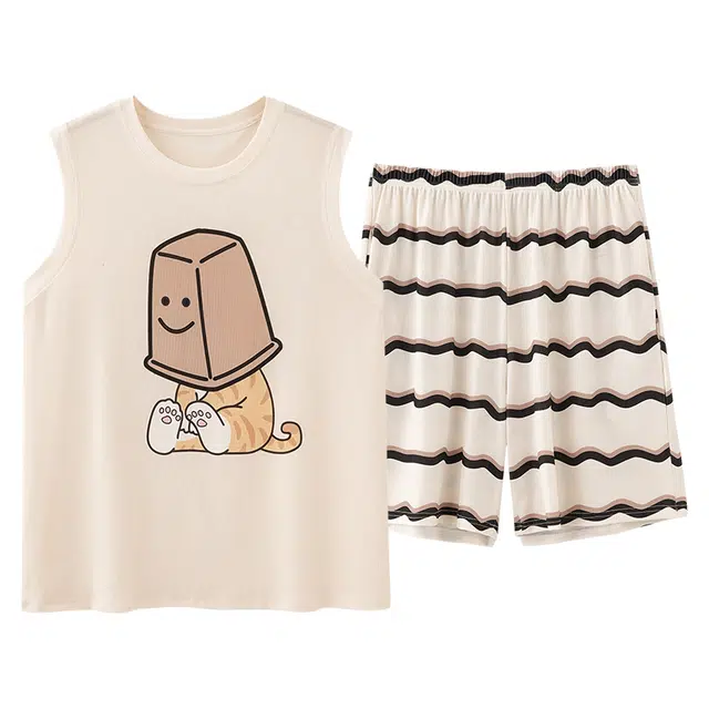 顶瓜瓜 时尚透气无袖三分裤舒适休闲背心家居服夏季睡衣套装 女款